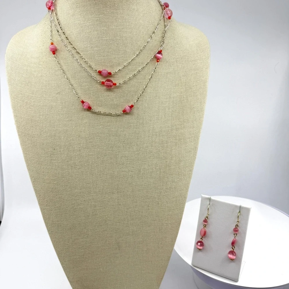 Pink Cat Eye Beaded Multi-Strand Necklace & Drop Earring Jewelry Set Chic Style